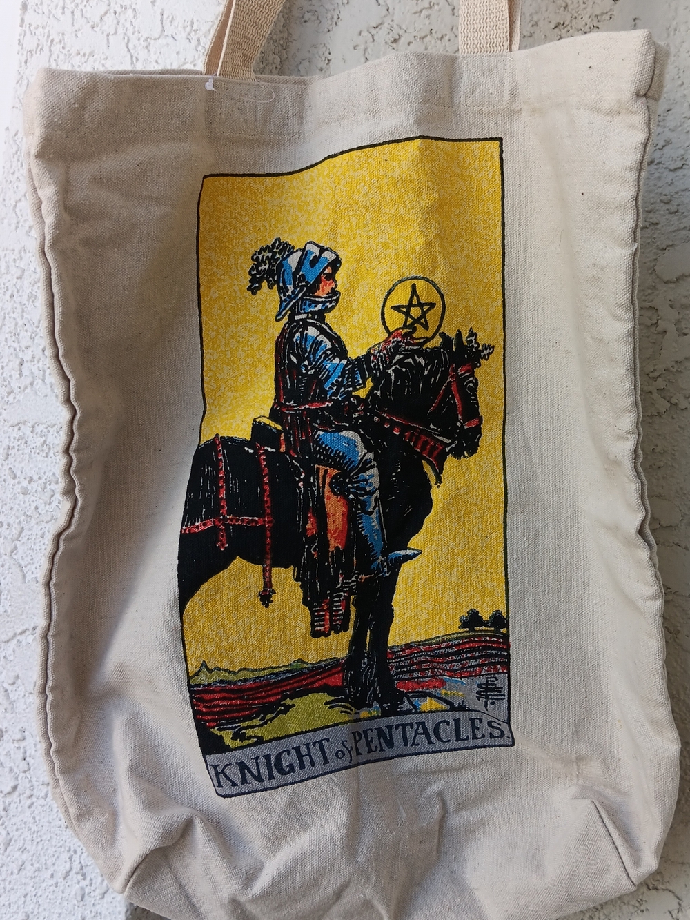 Canvas Tote Bag with Yellow Knight of Pentacles Tarot Print